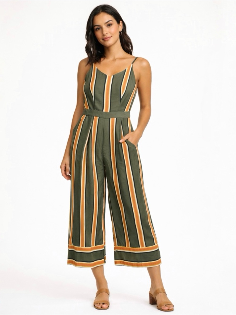 Derek Heart Cropped Wide Leg Jumpsuit Size Small Striped Matte Satin Olive Pink